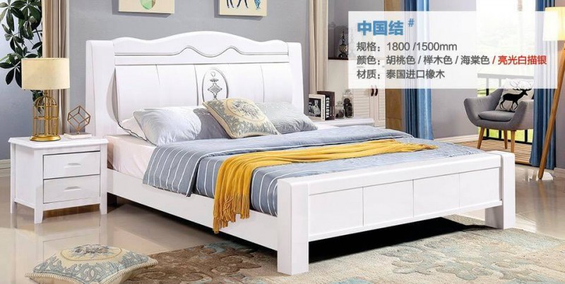 俊豐家具：橡木床中國結#（亮光白描銀）
