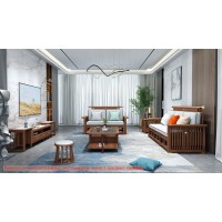 康優寶輕奢新中式胡桃木家具：K6H89沙發 2+3位（A靠背欄桿前框薄墊）